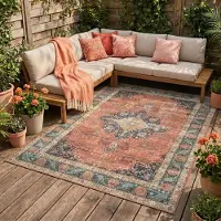 FRAAI Tapis d'intérieur et d'extérieur - kairo Medallion terra/Bleu Foncé | 120x170 cm | Rectangulaire | Tissage plat