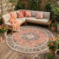 FRAAI Tapis d'intérieur et d'extérieur rond - kairo Medallion terra/Bleu Foncé | Ø 200 cm | Rond | Tissage plat