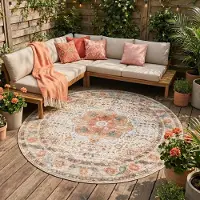FRAAI Tapis d'intérieur et d'extérieur rond - kairo Medallion Crème/Multicolore | Ø 100 cm | Rond | Tissage plat