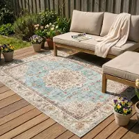 FRAAI Tapis d'extérieur vintage - Santo Medallion Bleu Clair | 80x150 cm | Rectangulaire |