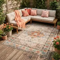 FRAAI Tapis d'intérieur et d'extérieur - kairo Medallion Crème/Multicolore | 120x170 cm | Rectangulaire | Tissage plat