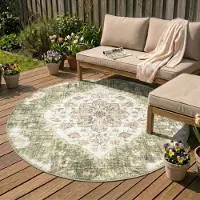 FRAAI Tapis d'extérieur rond vintage - Santo Médaillon Vert | Ø 120 cm | Rond |