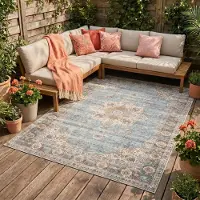 FRAAI Tapis d'intérieur et d'extérieur - kairo Medallion Bleu Clair/Crème | 80x150 cm | Rectangulaire | Tissage plat