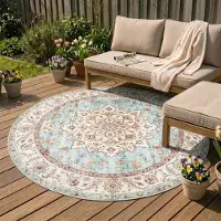 FRAAI Tapis d'extérieur rond vintage - Santo Medallion Bleu Clair | Ø 120 cm | Rond |