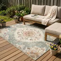FRAAI Tapis d'extérieur vintage - Santo Mandala Vert Olive | 80x150 cm | Rectangulaire | Tissage plat