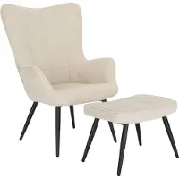 Happyment Fauteuil Deluxe avec pouf - Fauteuil lounge avec accoudoirs et repose-pieds - Chaise de salon en velours côtelé - Beige