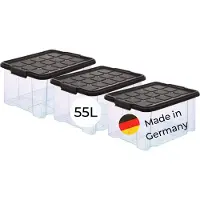 Novaliv 3x boîtes de rangement avec couvercle Grand 55L Anthracite Empilable avec fermeture à clip Boîtes à roulettes Plastique sans BPA 61x40x32,5 cm