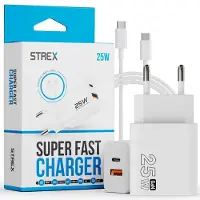 Strex Chargeur USB 25 W - Chargeur rapide avec ports USB-A et USB-C - GaN - Blanc – PD 3.0 + QC 3.0 - Câble USB-C inclus