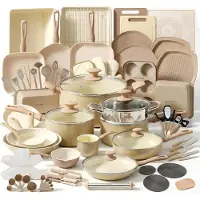 Nutrichef Ensemble comprenant 75 casseroles et poêles antiadhésives, ensemble complet en céramique - Crème/Marron