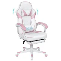 Puluomis Chaise de jeu avec massage et repose-pieds 150kg, Chaise de bureau ergonomique Fauteuil de direction Chaise de bureau Racing Chaise d'ordinateur rose rose blanc