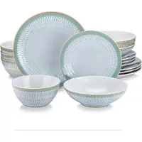 Happyment Amaranta Service de table - 16 pièces - 4 personnes - Blanc/liseré vert - Assiettes - Service de table - Assiettes creuses - Assiettes petit déjeuner - Servies - Servies de cuisine