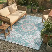 FRAAI Tapis d'extérieur bohème - Vedra Medallion Bleu | 160x230 cm | Rectangulaire | Tissage plat