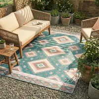 FRAAI Tapis d'extérieur bohème - Vedra Aztec Bleu | 160x230 cm | Rectangulaire | Tissage plat