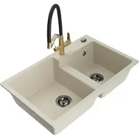 Mexen Tomas évier en granit 2 cuves avec mélangeur Duo, Beige - 6516-69-671701-57-B