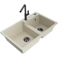 Mexen Tomas évier en granit 2 cuves avec mélangeur Flora, Beige - 6516-69-670401-70-B