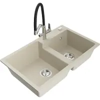 Mexen Tomas évier en granit 2 cuves avec mélangeur Duo, Beige - 6516-69-671701-07