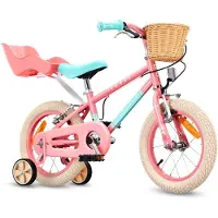 Sun baby Vélo pour fille Vélo enfant pour fille 14 pouces 7,49 kg avec roue libre, siège pour poupée, roues d'appoint, panier, sonnette et freins V-Brake, LOVEL rose