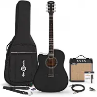 Gear4Music Dreadnought Cutaway Left Handed Electro Acoustic Guitar Black 15W Acoustic Amp & Accessory Pack