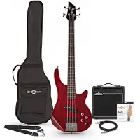 Gear4Music Pack Guitare Basse Chicago 3/4 Trans Red + Ampli 15 W & Accessoires
