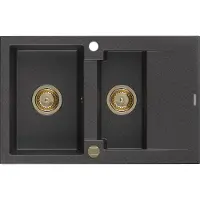 Mexen Gaspar évier en granit 1,5 bac avec égouttoir 737 x 475 mm, noir moucheté, siphon or - 6507731505-76-G