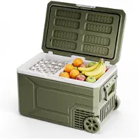 Auronic Electric Cool Box - Compresseur - 64L - 12V et 240 volts - Réfrigérateur de camping - Frigobox Car - Avec roues et poignée - Vert