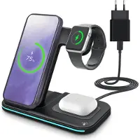 MMOBIEL Station de charge inductive 3 en 1 pour iPhone, Apple Watch, AirPods -Adaptateur 20W inclus