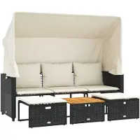 vidaXL Canapé d'extérieur 3 places avec toit et tabourets Noir Poly-Rotin