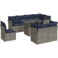 vidaXL Ensemble de salon de jardin 9 pièces avec coussins Gris Poly rotin Acacia