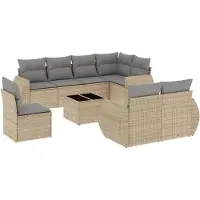 vidaXL Ensemble de salon de jardin 9 pièces avec coussins beige Poly rotin