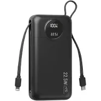 Nuvance Powerbank 20 000 mAh - Chargeur rapide 22,5 W USB-C et 8 broches - Kit d'urgence - 2 ports - 2 câbles intégrés - Powerbank