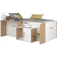 Vente-unique Lit combiné 90 x 200 cm avec bureau et espace de rangement - Blanc et naturel - PEDRO
