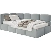 Selsey Cloudy – Lit jeunesse 120 cm, coffre de rangement, velours hydrofuge, tête de lit à gauche, gris