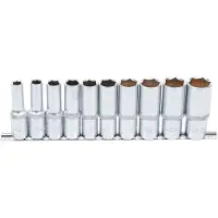 Bgs Jeu 10 douilles longue 6 pans 3/8" - 15/16" carré 12.5 mm 1/2" sur rail métal