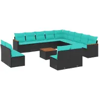 vidaXL Ensemble de 14 canapés de jardin avec coussins, polyrattan noir