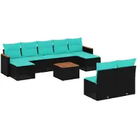 vidaXL Ensemble de 10 canapés de jardin avec coussins, polyrattan noir