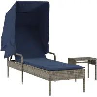 vidaXL Chaise longue avec pare-soleil et table, en polyrotin gris
