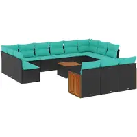 vidaXL Ensemble de 14 canapés de jardin avec coussins, polyrattan noir