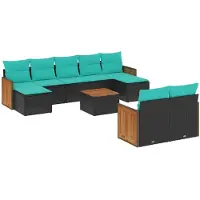 vidaXL Ensemble de 10 canapés de jardin avec coussins, polyrattan noir