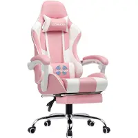 LUCKRACER Chaise de jeu Chaise de bureau, Fauteuil de jeu ergonomique avec fonction de massage Vibromassage, main courante à tringles, repose-pieds extensible Rose