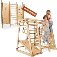 Goodevas Structure d'escalade améliorée 9 en 1 pour enfants, structure d'escalade Montessori avec toboggan, balançoire, mur d'escalade, triangle d'escalade – aire de jeux pour enfants
