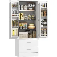 HOMCOM Buffet haut cuisine, armoire de cuisine, vaisselier, 2 portes, 4 compartiments, 8 porte-épices, 2 tiroirs, étagères réglables, meuble de rangement pour salon, salle à manger, 60x40x159cm, blanc