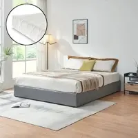 En.casa Lit rembourré 'Nola' avec matelas et coffre de lit 160 x 200 cm Lin gris