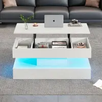 MODFU Table Basse LED et Rangement Caché - Table de Salon Moderne avec Système Hydraulique, Blanc, 100×50×42 cm