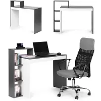 B2X Bureau d'ordinateur, table + bibliothèque blanc et gris avec 4 étagères