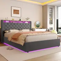 OKWISH Lit capitonné 140×200 avec prise électrique et éclairage LED, lit double avec tête de lit de rangement,lit pour adolescent en gris foncé,sans matelas