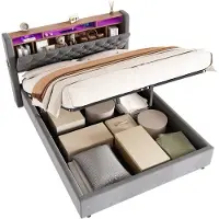 MODFU Lit tapissé 140x190 avec coffre de rangement, lit pour adolescent avec tête de lit de rangement, éclairage LED et prise,sans matelas,gris foncé