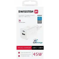 Swissten Chargeur de voyage GaN 1xUSB-C 45W PD + 1xUSB-A 18W QC blanc
