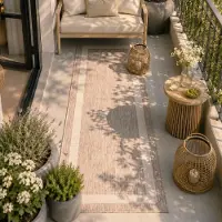 FRAAI Tapis de balcon - Sierra Border Beige/Crème | 80x200 cm | Tapis de couloir | Tissage plat