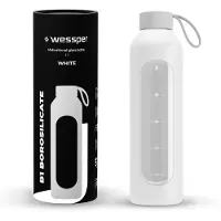Wessper bouteille en verre avec manchon en silicone, bouteille d'eau avec marqueurs de temps, bouteille de motivation, bouteille d'eau en verre transparent 1 l - blanc
