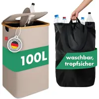 Blumtal Conteneur de collecte de bouteilles consignées 100 L - Organisateur de bouteilles consignées en bambou avec sac de rangement - Conteneur pour bouteilles consignées, couleur beige